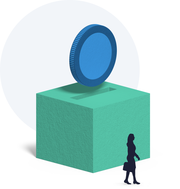 person walking next to a big green box with a blue coin at the top