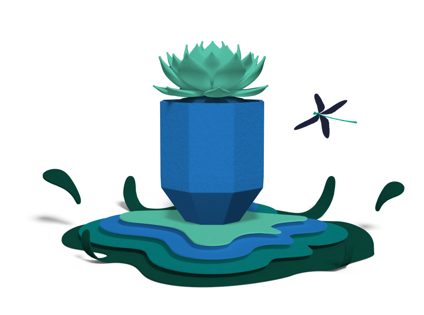 Blue and Green Lily Pad Growing with Flower and Dragonfly