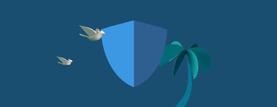 blue shield with white birds flying by and a palm tree growing from bottom of image