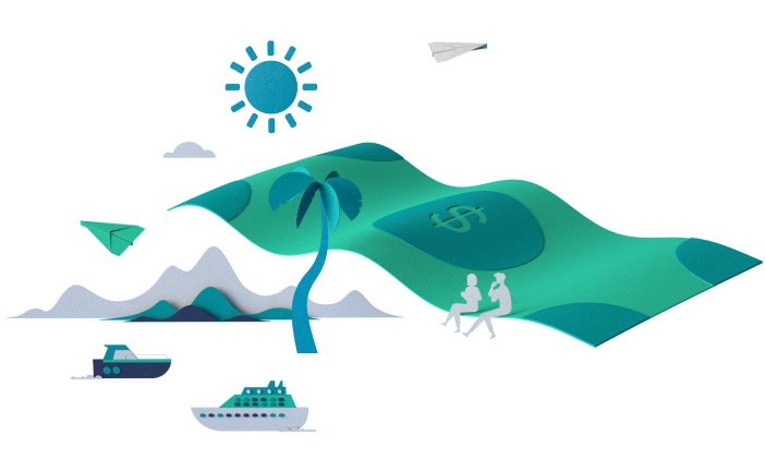 Two people sitting on a green big dollar bill that takes the shape of a cloud amonst a sky, mountains, palm trees, and boats,